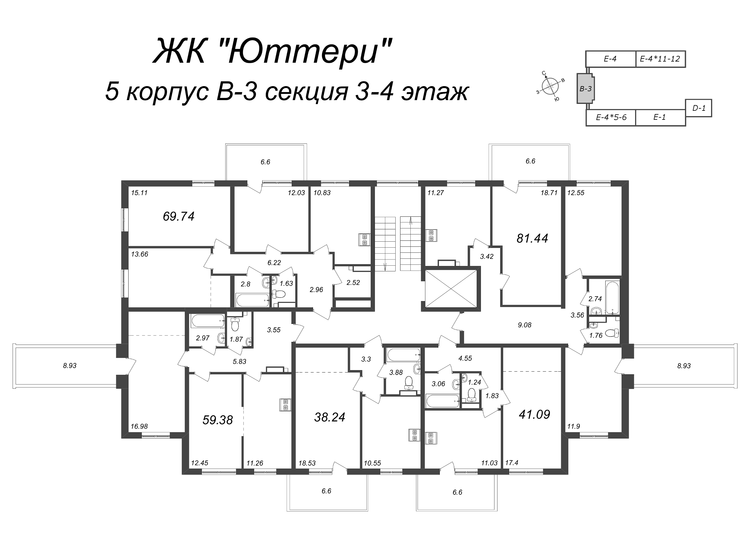 2-комнатная квартира, 63.84 м² в ЖК "Юттери" - планировка этажа