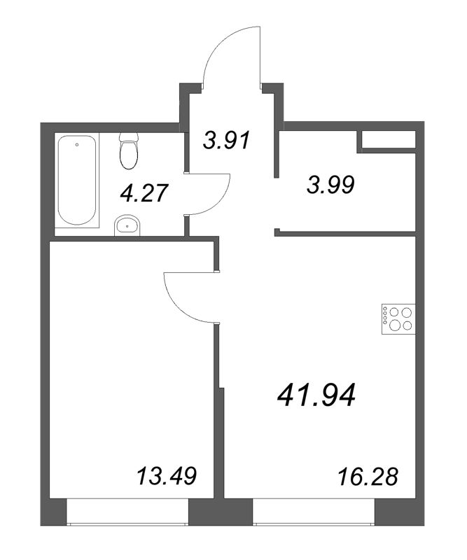 2-комнатная (Евро) квартира, 41.94 м² - планировка, фото №1