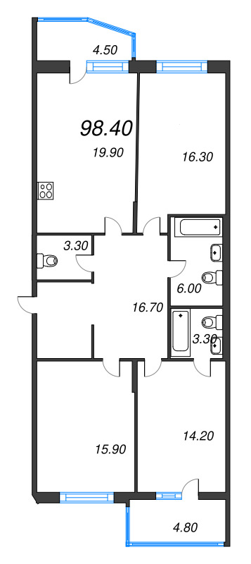 3-комнатная квартира, 98.4 м² - планировка, фото №1