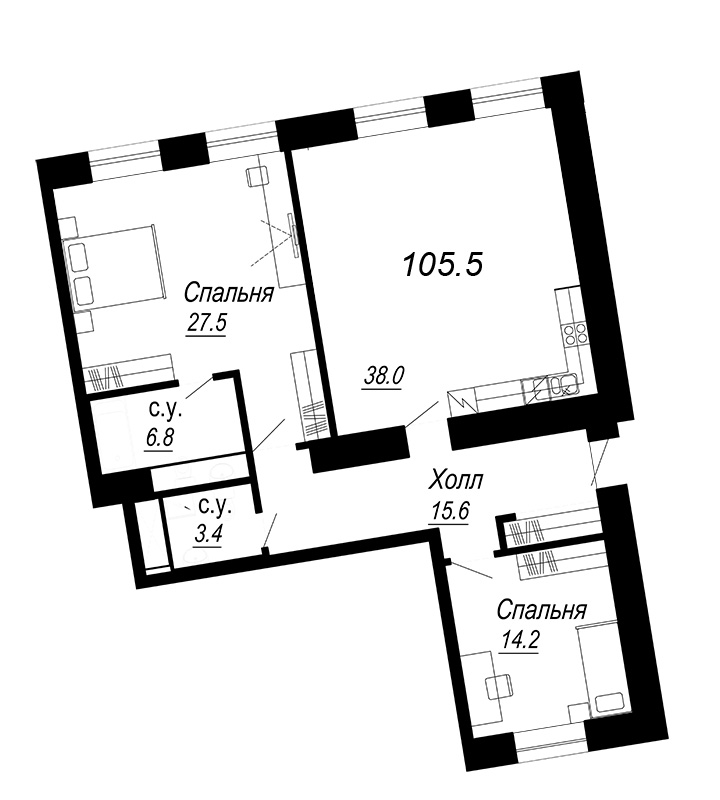2-комнатная квартира, 109.97 м² - планировка, фото №1