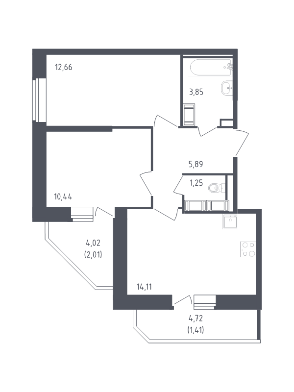 2-комнатная квартира, 51.62 м² - планировка, фото №1
