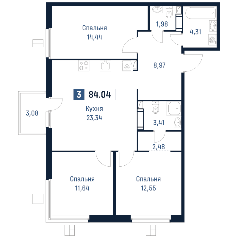 4-комнатная (Евро) квартира, 84.04 м² в ЖК "Максималист" - планировка, фото №1