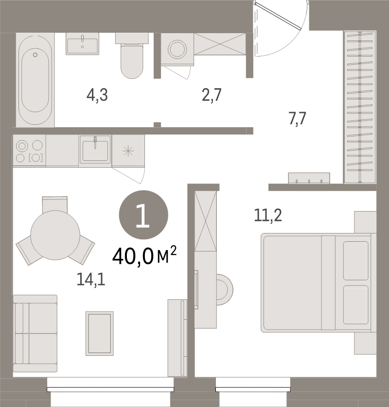 1-комнатная квартира, 40 м² в ЖК "Северный ветер" - планировка, фото №1