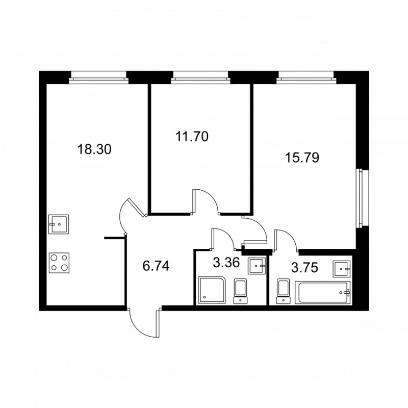 3-комнатная (Евро) квартира, 59.64 м² в ЖК "Квартал Заречье" - планировка, фото №1