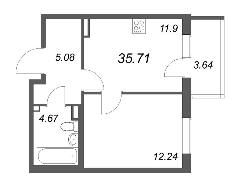 1-комнатная квартира, 35.71 м² в ЖК "Новая история" - планировка, фото №1