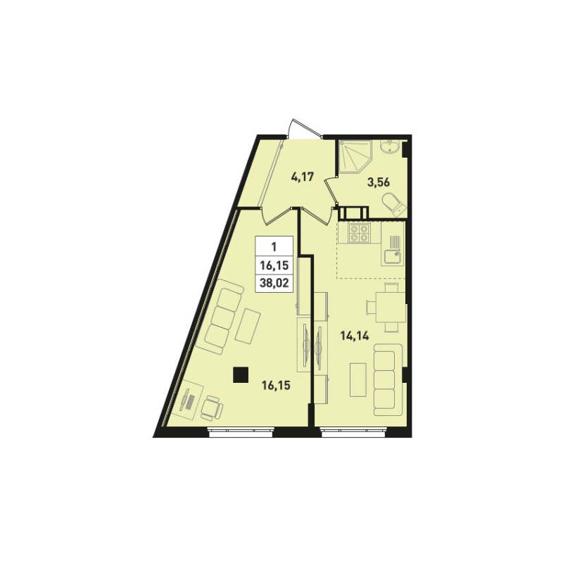 1-комнатная квартира, 38.02 м² в ЖК "Ромашки" - планировка, фото №1