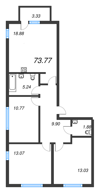 4-комнатная (Евро) квартира, 73.77 м² - планировка, фото №1