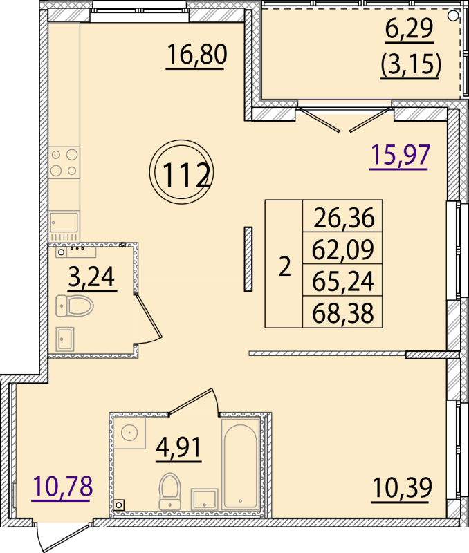 3-комнатная (Евро) квартира, 62.09 м² - планировка, фото №1