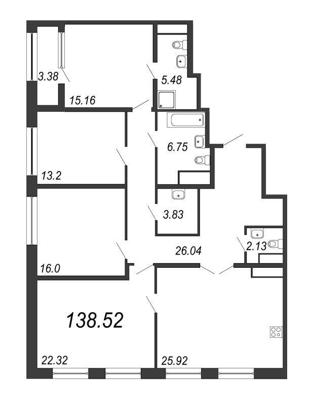 5-комнатная (Евро) квартира, 138.52 м² - планировка, фото №1