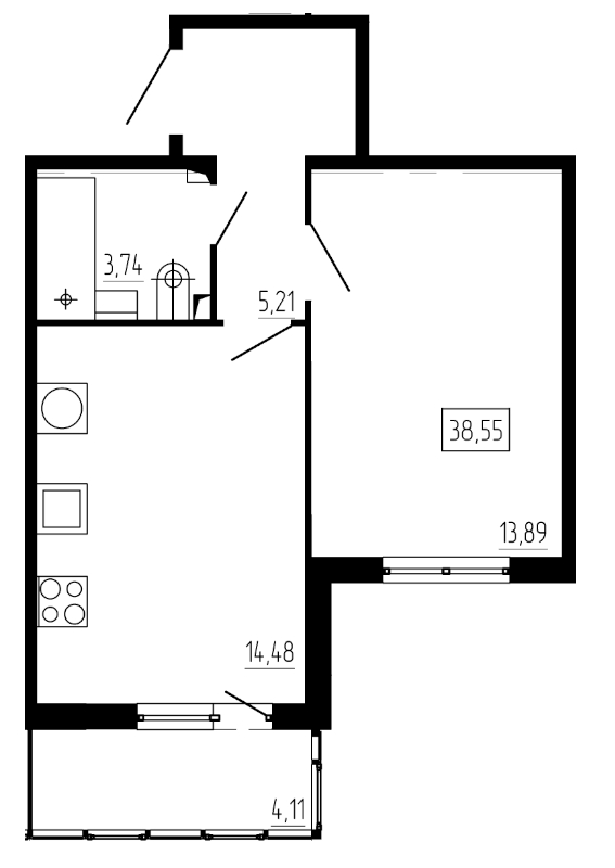 1-комнатная квартира, 38.55 м² - планировка, фото №1