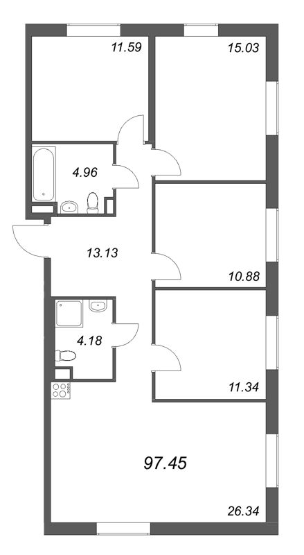4-комнатная квартира, 97.45 м² в ЖК "Zoom на Неве" - планировка, фото №1