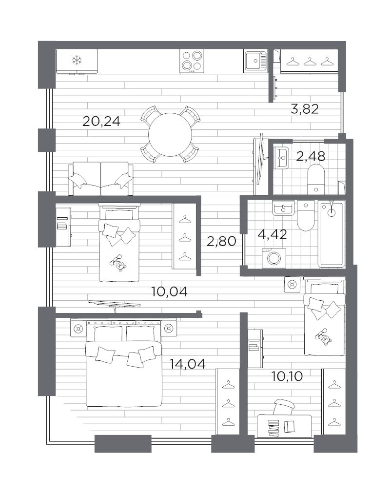 4-комнатная (Евро) квартира, 67.95 м² в ЖК "Сезоны" - планировка, фото №1
