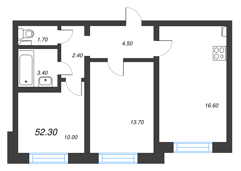3-комнатная (Евро) квартира, 52.3 м² - планировка, фото №1