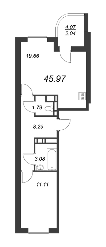 2-комнатная (Евро) квартира, 45.97 м² - планировка, фото №1