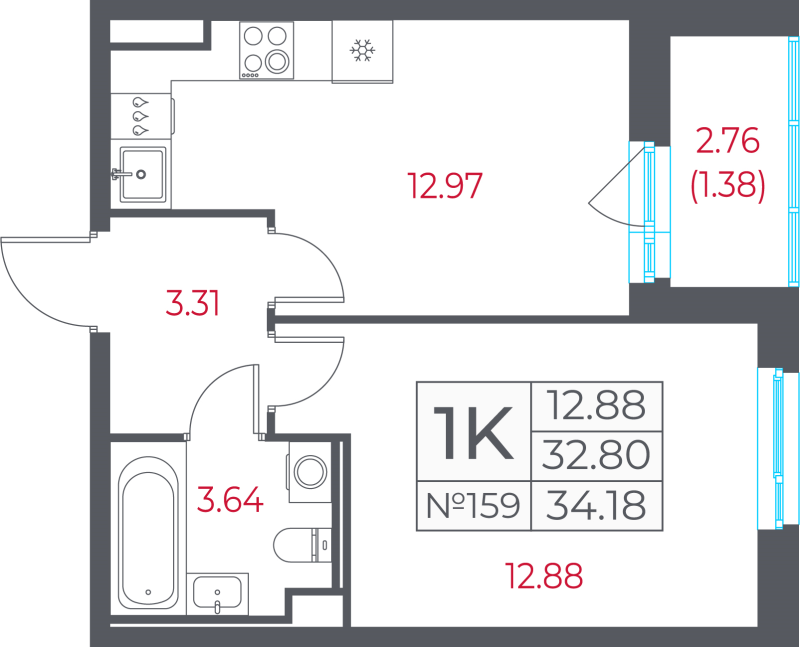 1-комнатная квартира, 34.18 м² в ЖК "Город-спутник Южный" - планировка, фото №1