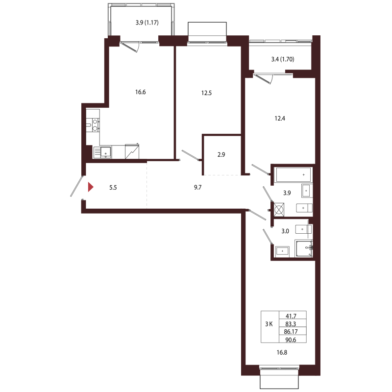 4-комнатная (Евро) квартира, 86.17 м² в ЖК "Лисино" - планировка, фото №1