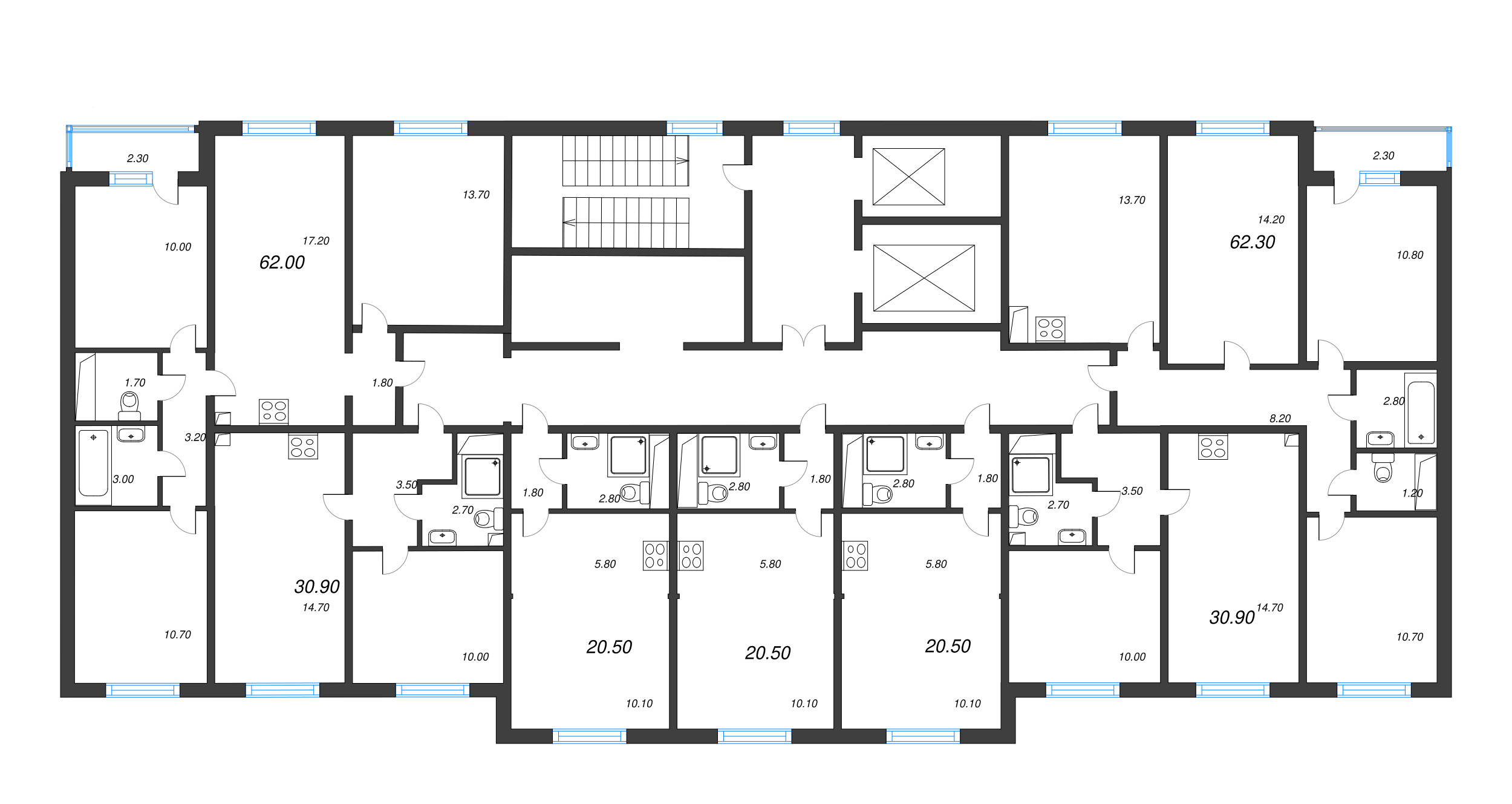 3-комнатная квартира, 62.3 м² - планировка этажа