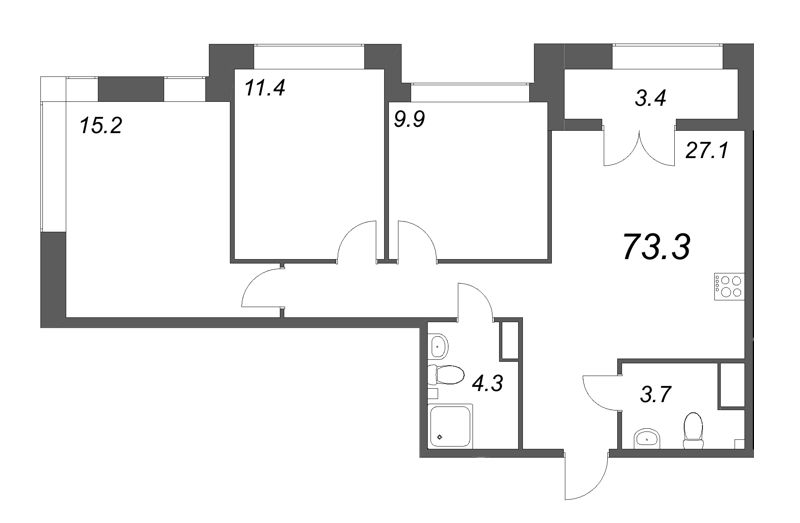 4-комнатная (Евро) квартира, 73.3 м² в ЖК "NewПитер 2.0" - планировка, фото №1
