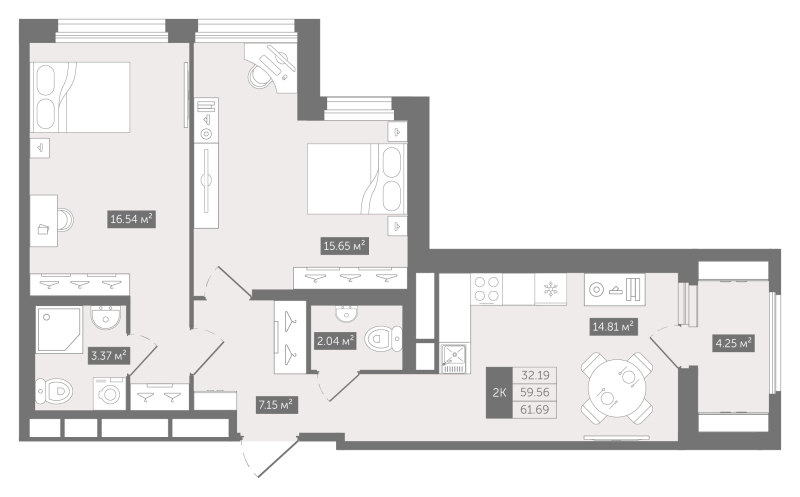 2-комнатная квартира, 61.69 м² в ЖК "UP-квартал "Воронцовский"" - планировка, фото №1