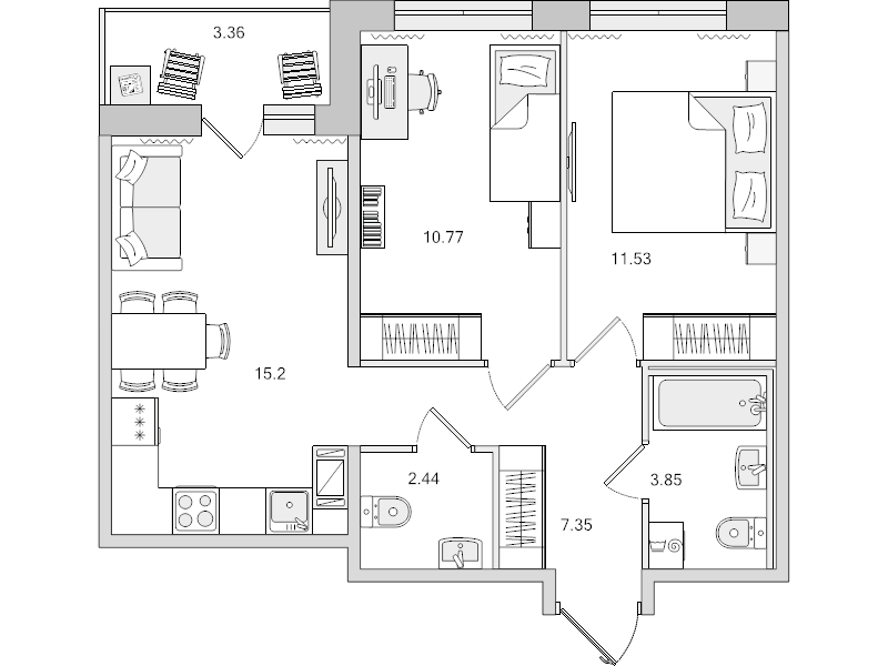 3-комнатная (Евро) квартира, 51.14 м² - планировка, фото №1