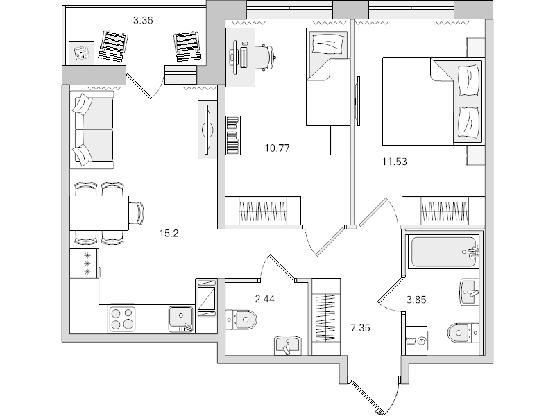 3-комнатная (Евро) квартира, 54.5 м² - планировка, фото №1