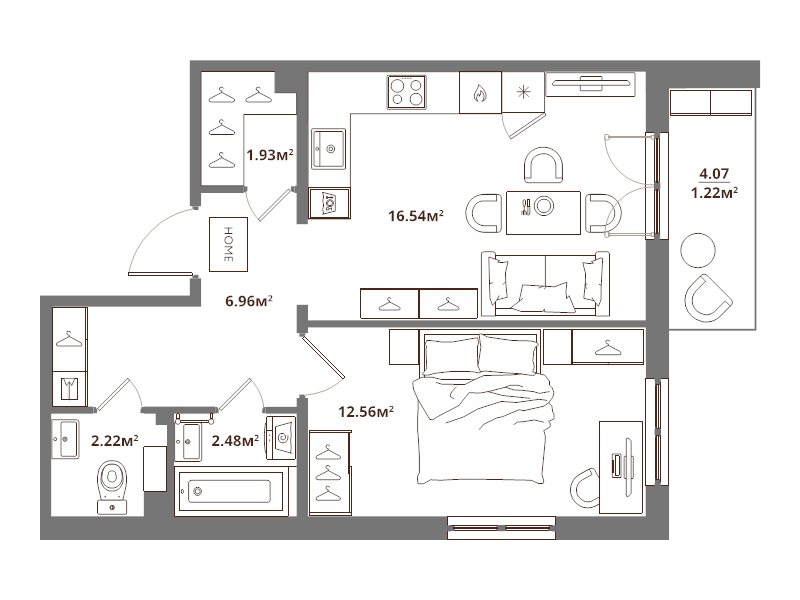 2-комнатная (Евро) квартира, 43.91 м² - планировка, фото №1