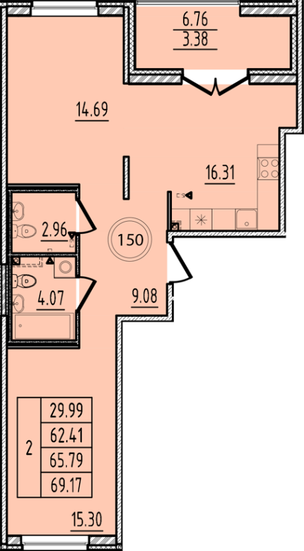 3-комнатная (Евро) квартира, 62.41 м² - планировка, фото №1