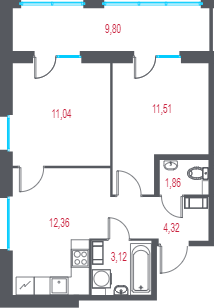 2-комнатная квартира, 47.13 м² в ЖК "Город-спутник Южный" - планировка, фото №1