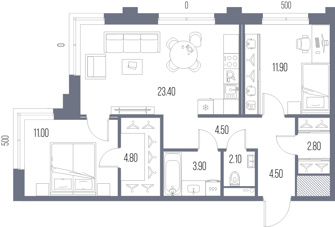 3-комнатная (Евро) квартира, 68.9 м² в ЖК "Легенда на Охте" - планировка, фото №1
