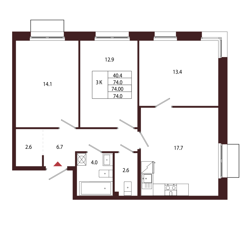 4-комнатная (Евро) квартира, 74 м² в ЖК "Лисино" - планировка, фото №1
