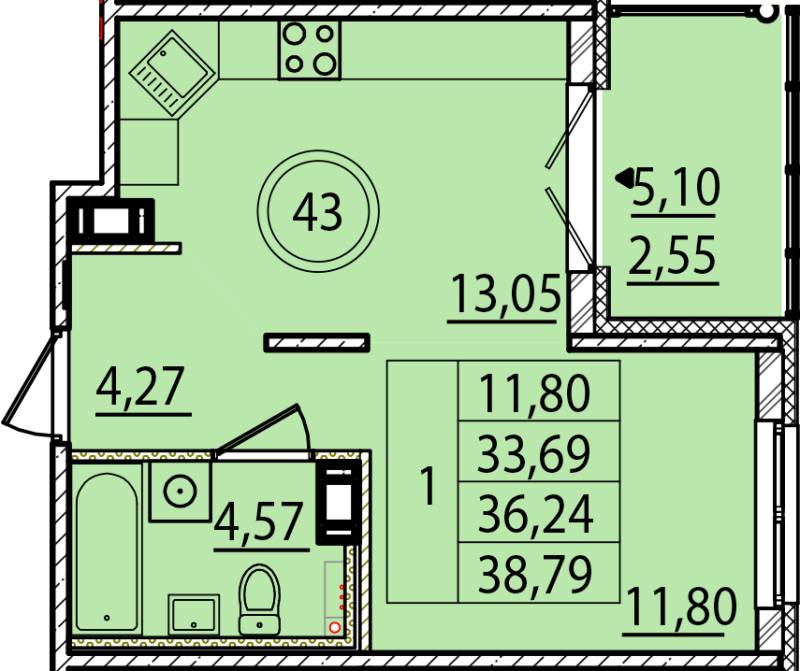 1-комнатная квартира, 33.69 м² в ЖК "Образцовый квартал 15" - планировка, фото №1
