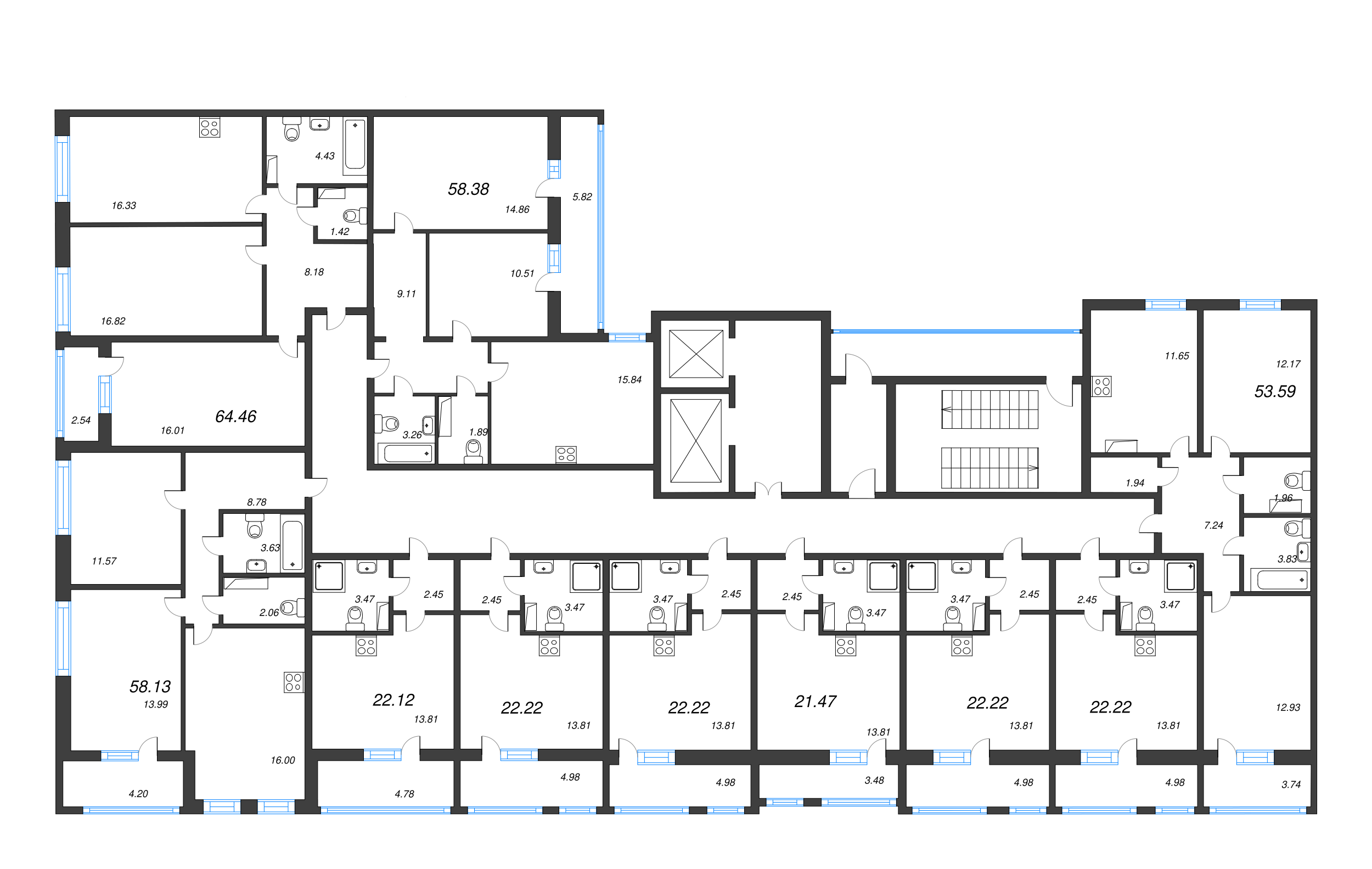 3-комнатная (Евро) квартира, 64.46 м² - планировка этажа