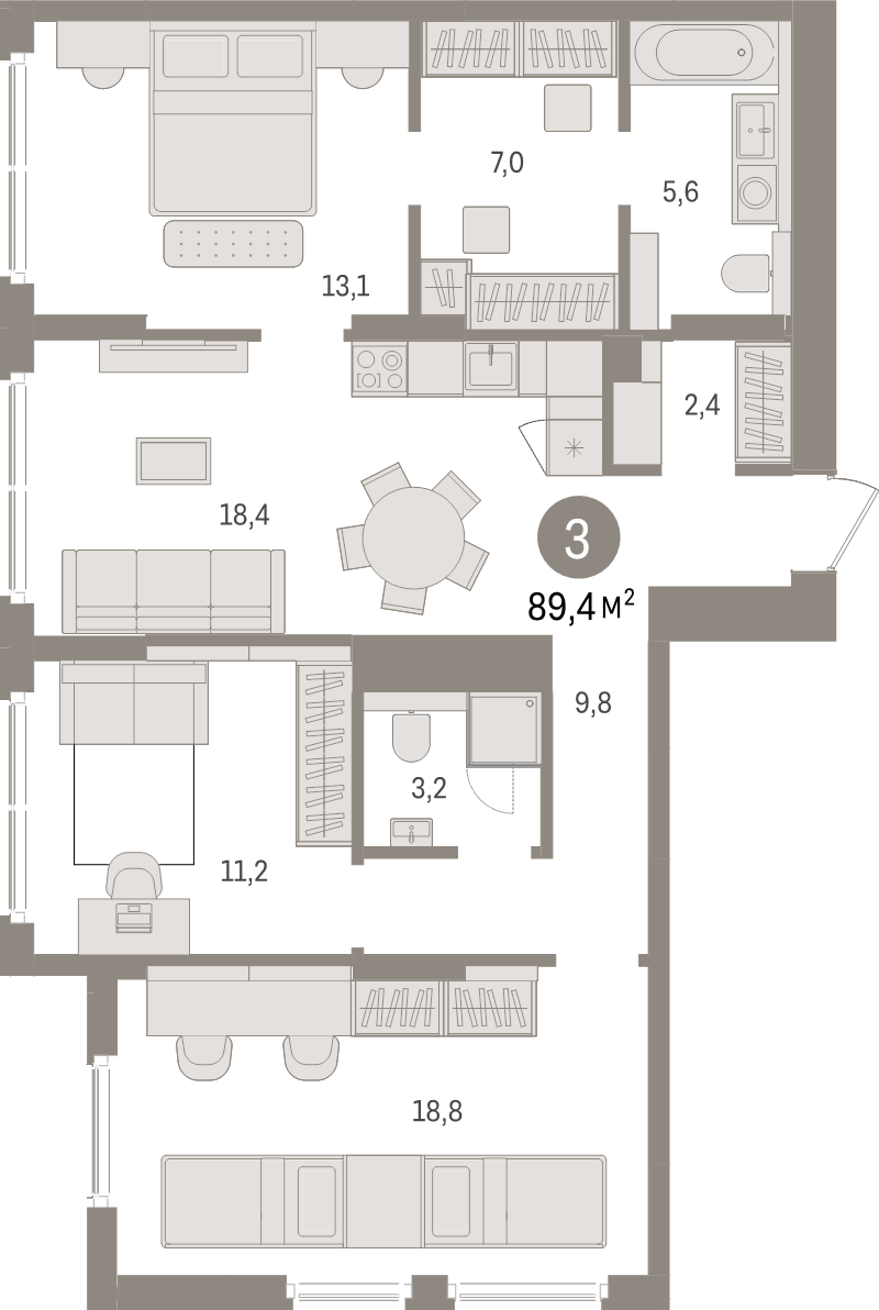 4-комнатная (Евро) квартира, 89.4 м² - планировка, фото №1