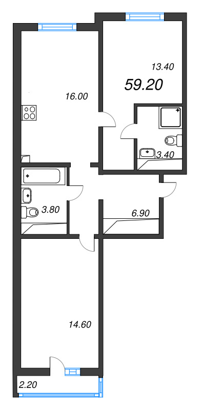 3-комнатная (Евро) квартира, 59.2 м² в ЖК "Дыбенко Парк" - планировка, фото №2