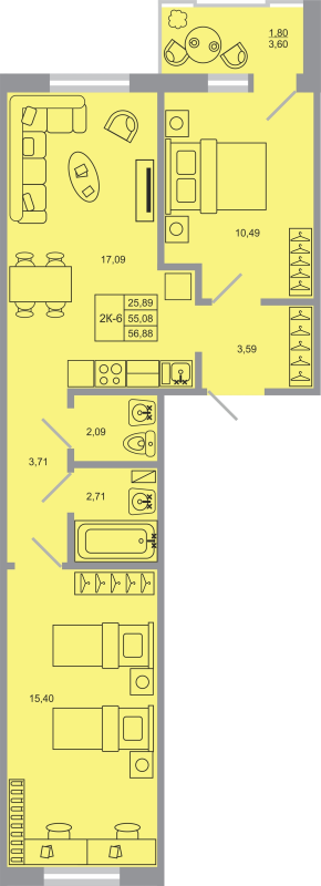 3-комнатная (Евро) квартира, 56.88 м² - планировка, фото №1
