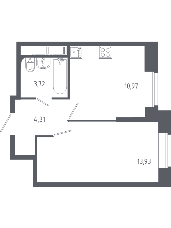 1-комнатная квартира, 32.93 м² - планировка, фото №1