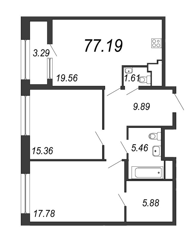 3-комнатная (Евро) квартира, 77.19 м² - планировка, фото №1