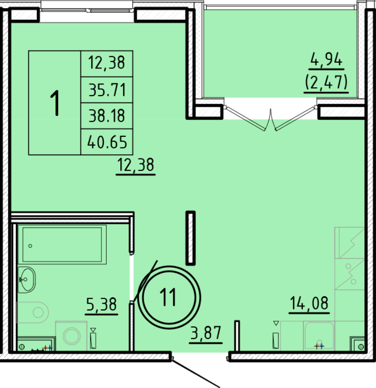 1-комнатная квартира, 35.71 м² - планировка, фото №1