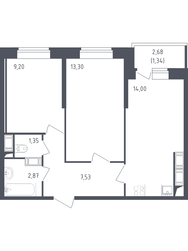 2-комнатная квартира, 49.59 м² - планировка, фото №1