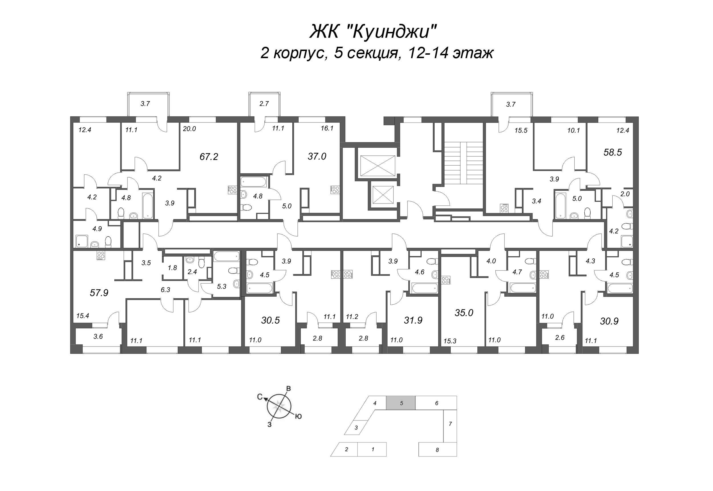 2-комнатная (Евро) квартира, 37 м² в ЖК "Куинджи" - планировка этажа