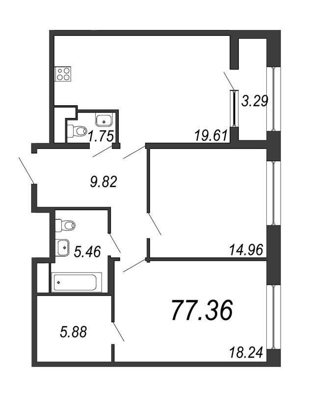 3-комнатная (Евро) квартира, 77.36 м² - планировка, фото №1