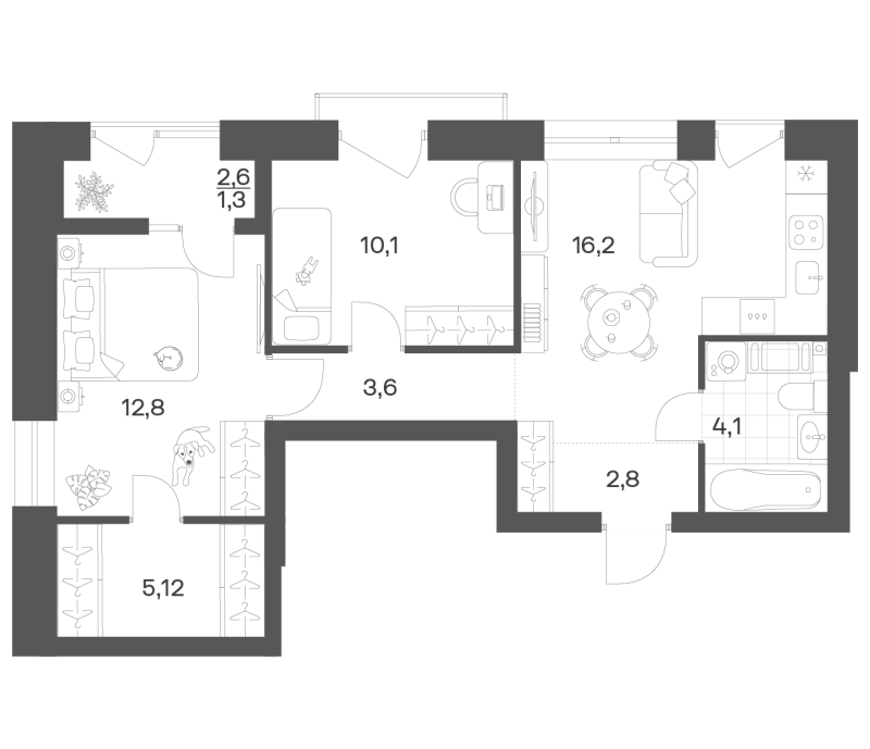 3-комнатная (Евро) квартира, 55.92 м² в ЖК "Новый Питер" - планировка, фото №1