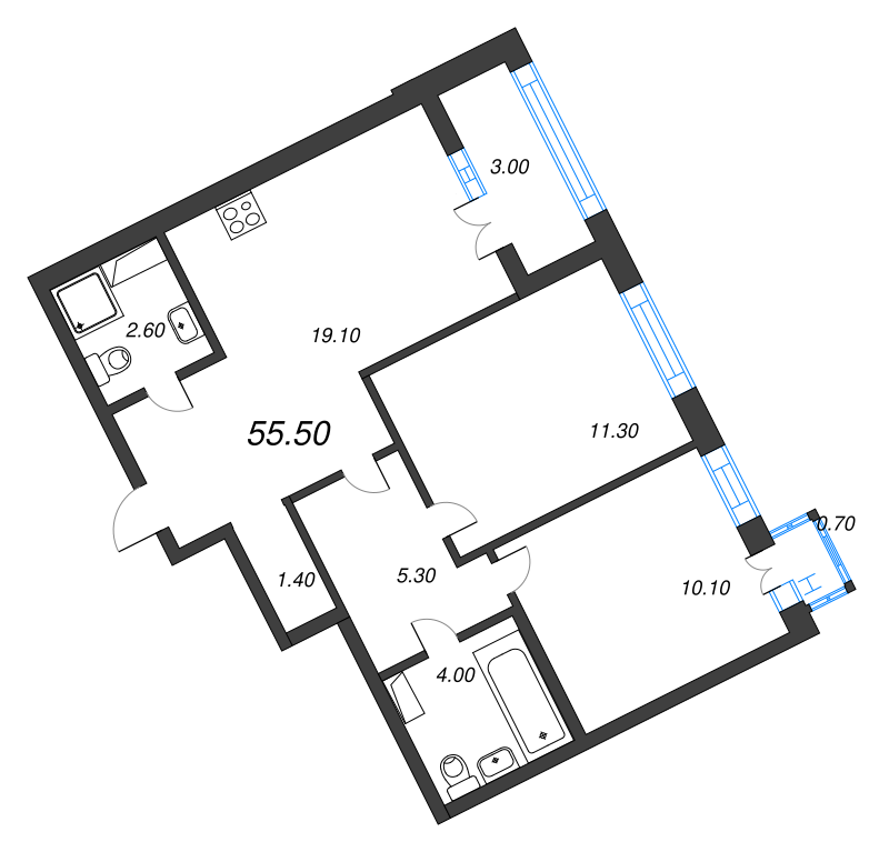 2-комнатная квартира, 55.5 м² - планировка, фото №1