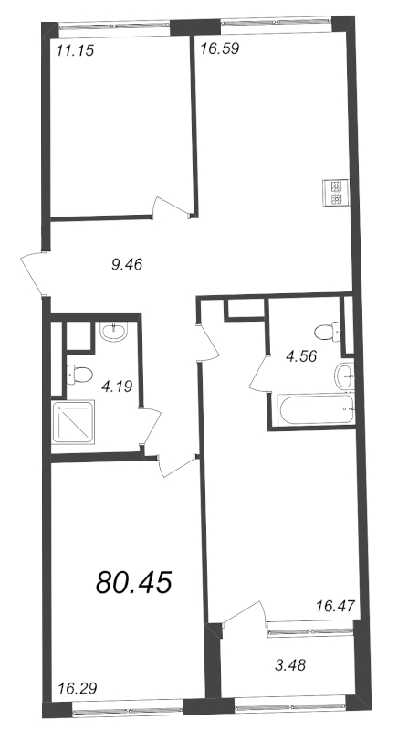 3-комнатная квартира, 80.45 м² - планировка, фото №1