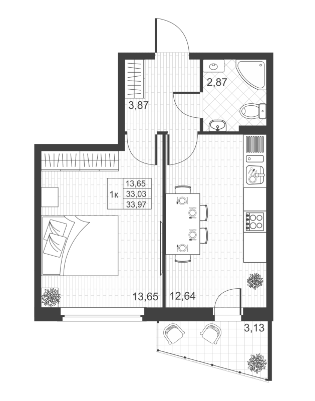 1-комнатная квартира, 33.97 м² в ЖК "Ново-Антропшино" - планировка, фото №1