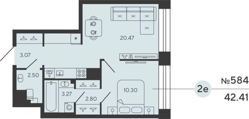 2-комнатная (Евро) квартира, 42.41 м² - планировка, фото №1