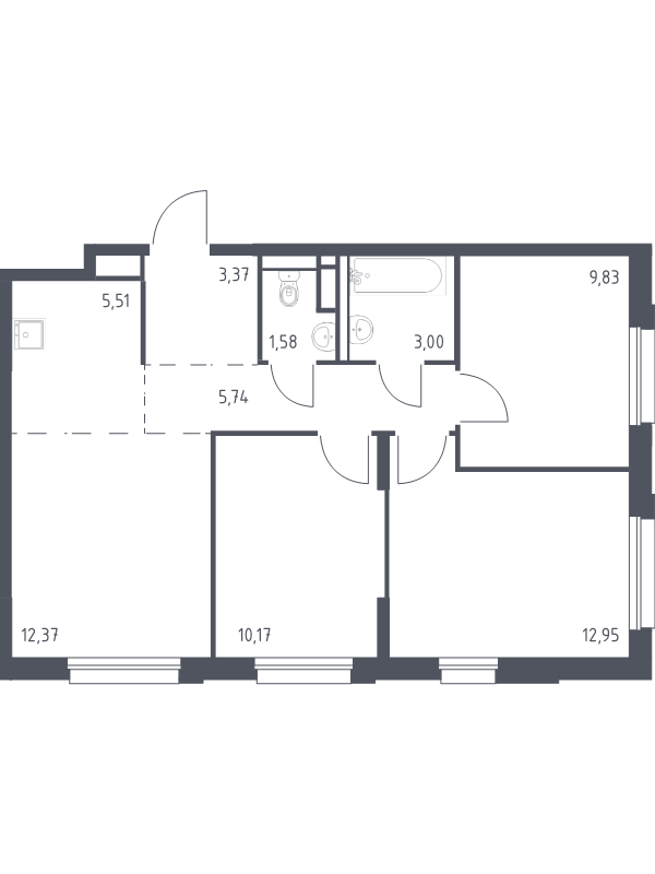 4-комнатная (Евро) квартира, 64.52 м² в ЖК "Новые Лаврики" - планировка, фото №1