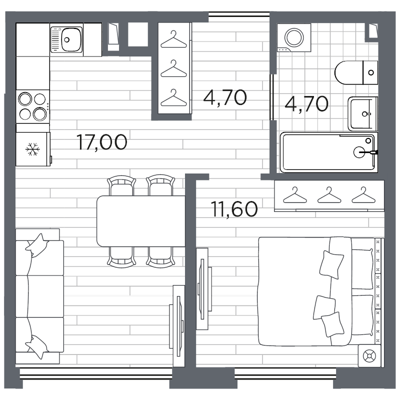 2-комнатная (Евро) квартира, 38 м² в ЖК "Плюс Пулковский" - планировка, фото №1