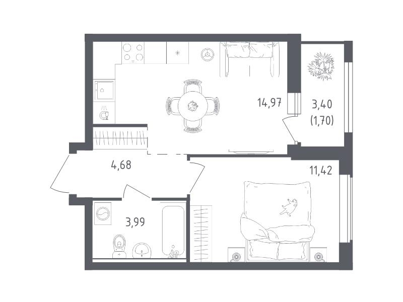 1-комнатная квартира, 36.76 м² в ЖК "Южная Нева" - планировка, фото №1