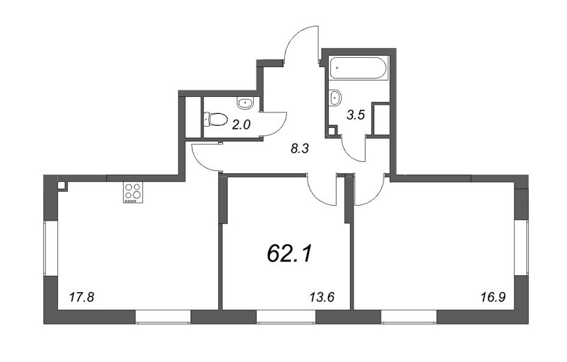 3-комнатная (Евро) квартира, 62.1 м² в ЖК "Цивилизация на Неве" - планировка, фото №1